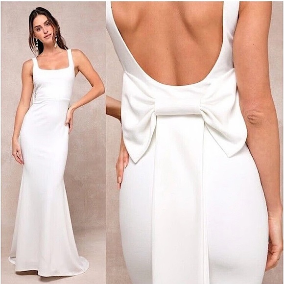 Lulus Loving Fate White Bow‎ Square Neck Backless Maxi Dress, Size 2XL - Picture 1 of 16